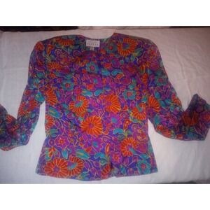 Adrianna Papell Vintage Floral Blouse Button Down‎ 100% Silk 6 Pad Shoulder